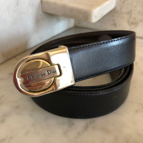 Dior Other - CHRISTIAN DIOR Vintage Italian Logo Gold Tone Hardware Black/Brown Belt 42